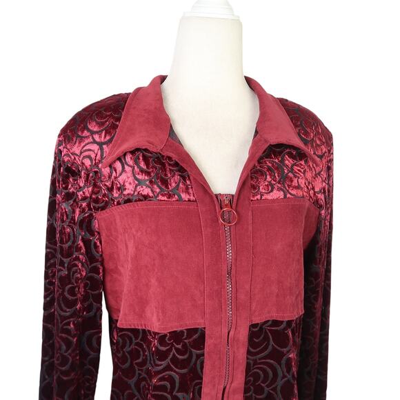 Vintage 90s New Ruby Burgundy Red Floral Velvet Faux Suede Blouse Top XL - Picture 2 of 6
